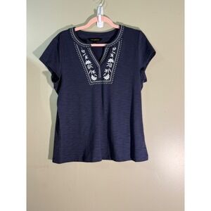 Talbots Nautical Navy Blue Embroidered Split Neck Short Sleeve Top 2181000